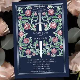 Blue Silver Sword Floral Medieval Fantasy Wedding Invitation