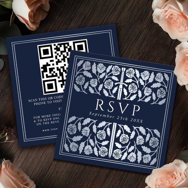 Blue Silver Sword Royal Wedding RSVP QR Code Enclosure Card (Creator Uploaded)