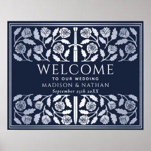 Blue Silver Sword Royal Wedding Welcome Sign
