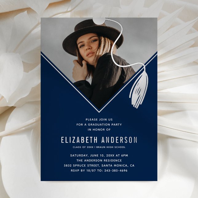 Blue Silver Tassel Cap Photo Graduation Party Foil Invitation (Creator Uploaded)