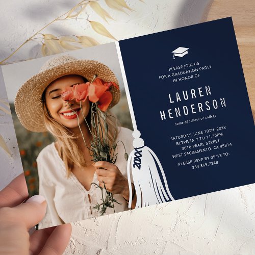 Blue Silver Tassel Photo Graduation Party Foil Invitation