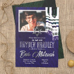 Blue, Silver, Teal Striped Tallit Bar Mitzvah Foil Invitation<br><div class="desc">Announce your Bar Mitzvah with vivid prayer shawls overlaying photo. Vivid blue Bar Mitzvah invitation cards with striped tallit artwork, return address labels, and other blue and/or green Bar Mitzvah accessories will complete the look for a modern traditional celebration. Hints of shiny silver, teal, royal blue, and bright green on...</div>