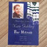 Blue, Silver, Teal Tallit Bar Mitzvah Invitation<br><div class="desc">Announce your Bar Mitzvah with vivid prayer shawls overlaying dark blue brush stroke texture. Vivid blue Bar Mitzvah invitation templates with striped tallit and Torah scroll, return address labels, and other blue and/or green Bar Mitzvah accessories will complete the look for a modern traditional celebration. Hints of shiny silver, teal,...</div>