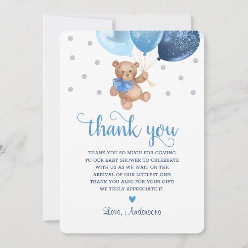 Blue Silver Teddy Bear Beary Much Baby Shower  Thank You Card