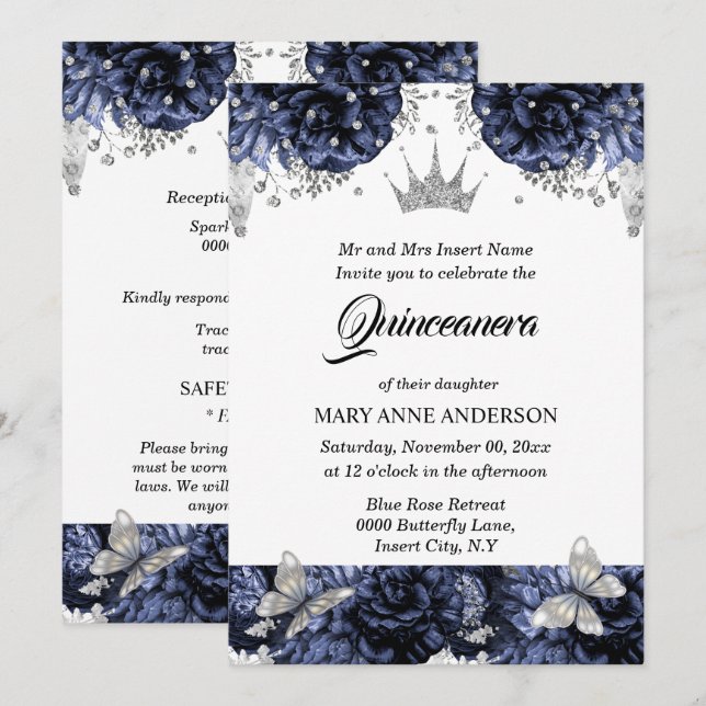 Blue silver tiara butterfly blue rose quinceanera invitation (Front/Back)