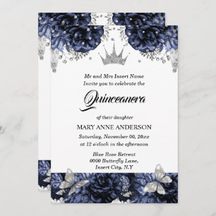 Blue silver tiara butterfly blue rose quinceanera invitation