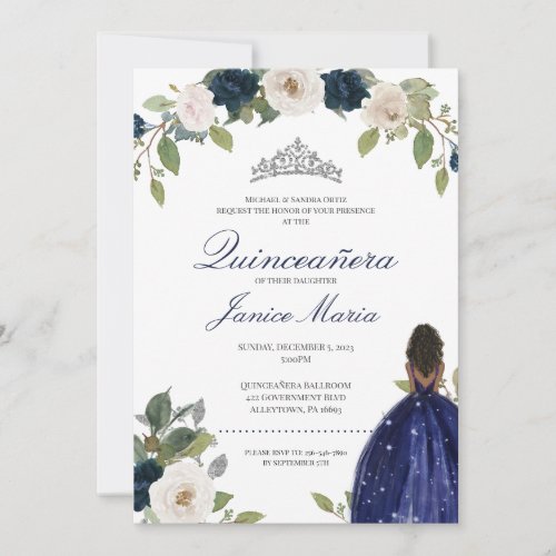 Blue Silver Tiara Floral Elegant Dress Quinceaera Invitation