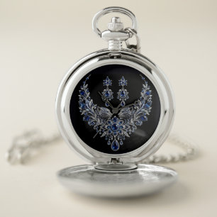 Blue Silver Tiger Crystal Jewelry Set Pocket Watch