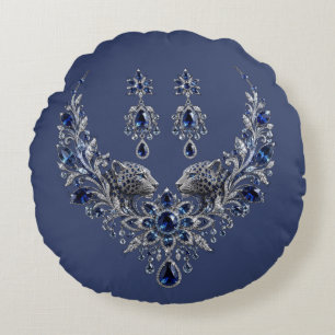Blue Silver Tiger Crystal Jewelry Set Round Pillow