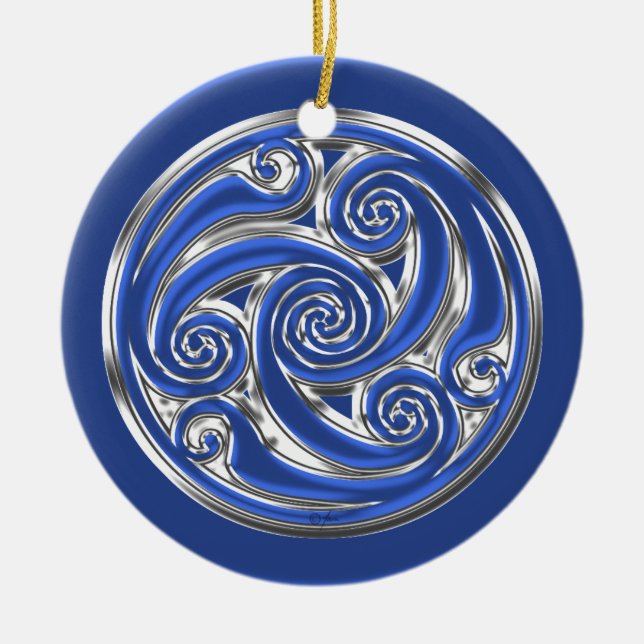 Blue Silver Triskel Ceramic Ornament (Front)