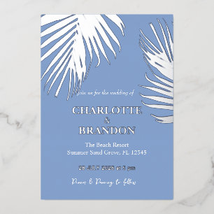 Blue Silver Tropical Palm Leaf Wedding Foil Invitation
