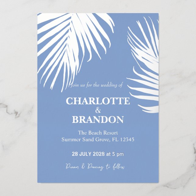 Blue Silver Tropical Palm Leaf Wedding  Foil Invitation (Front)