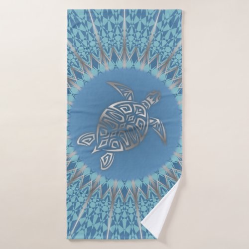 Blue Silver Turtle and Mandala Bath Towel