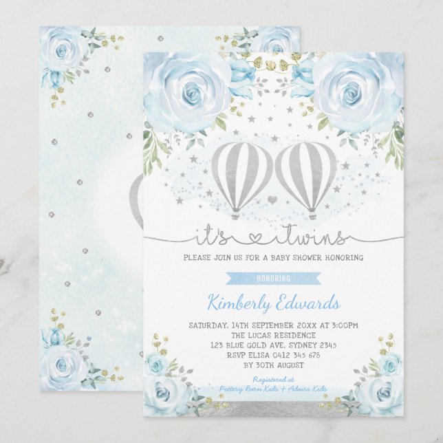 Blue Silver Twin Boys Hot Air Balloon Baby Shower Invitation (Front/Back)