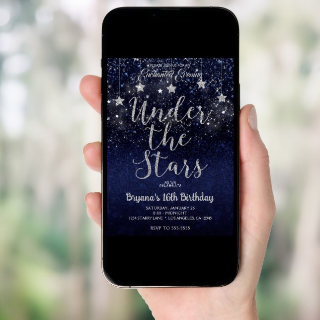 Blue Silver Under The Stars Starry Night Sweet 16 Invitation (Front Digital)