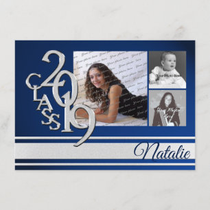 Blue Silver Varsity 2019 Graduation Three Photo Invitation