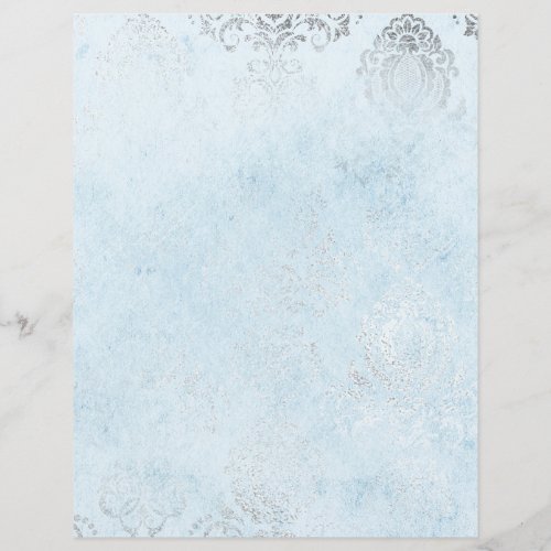 Blue  Silver Vintage Damask Pattern Paper