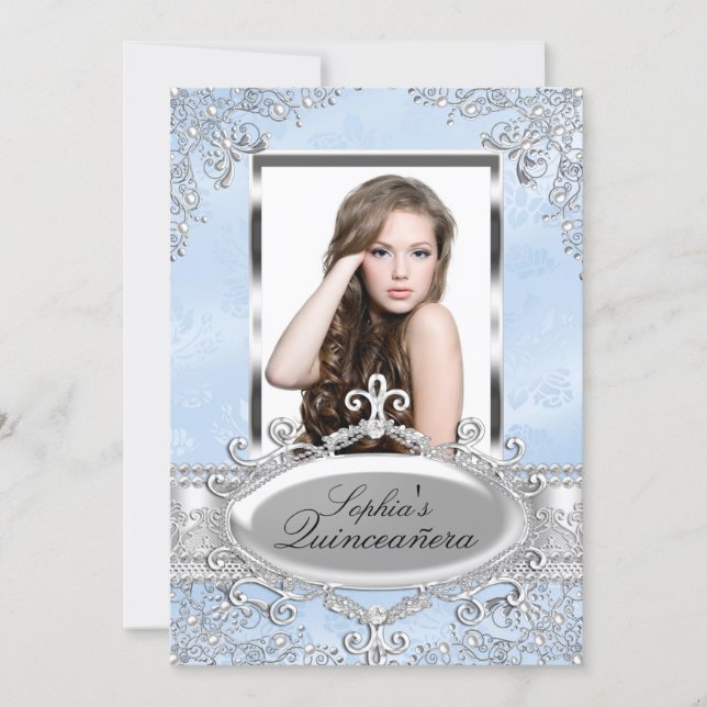 Blue Silver Vintage Glamour Photo Quinceanera Invitation (Front)