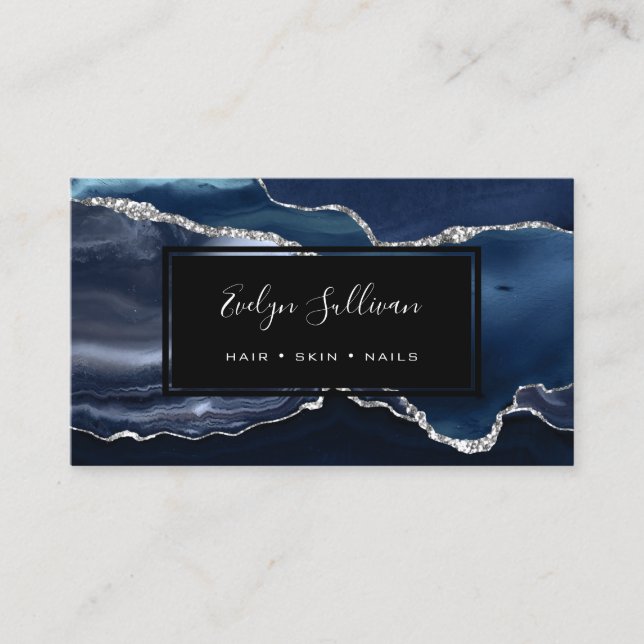 blue silver watercolor agate business card (Front)
