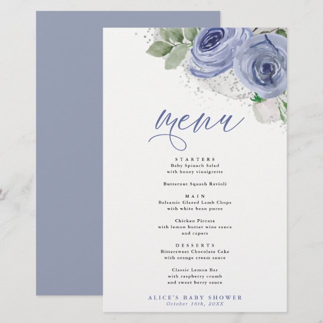 Blue & Silver Watercolor Floral Event Dinner Menu (Front/Back)