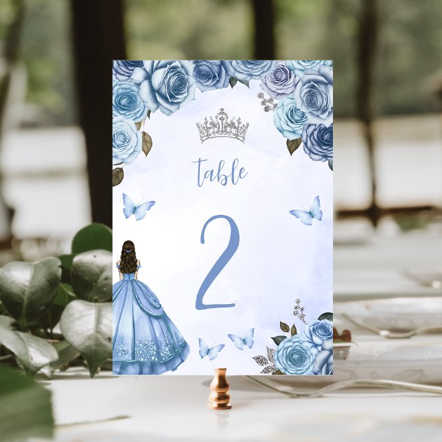 Blue Silver Watercolor Floral Princess Quinceañera Table Number (Creator Uploaded)