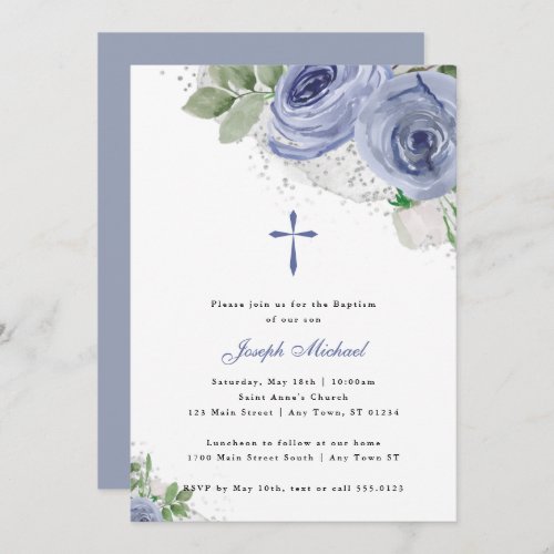 Blue  Silver Watercolor Floral Religious Baptism Invitation