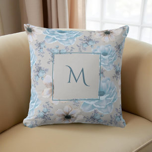Blue Silver Watercolor Floral Script Throw Pillow