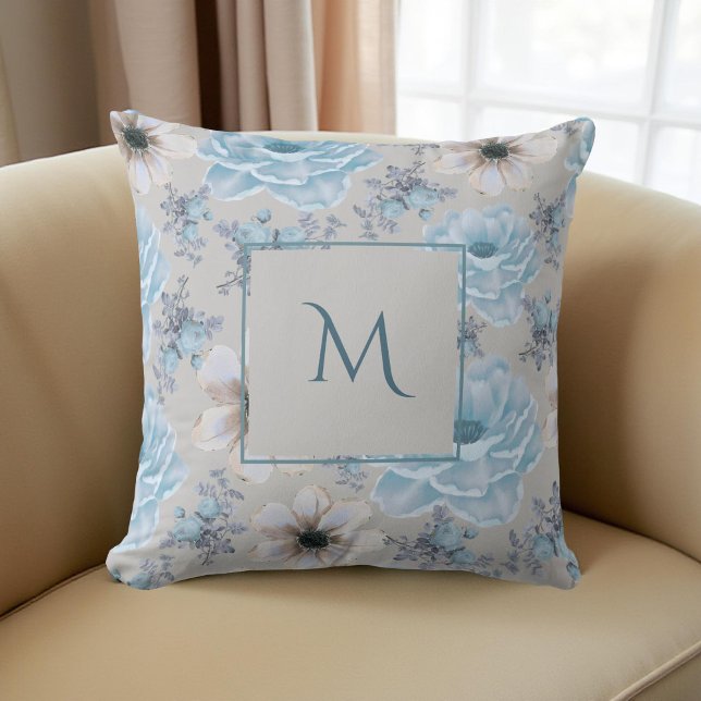 Blue Silver Watercolor Floral Script Throw Pillow (Creator Uploaded)