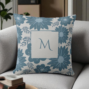 Blue Silver Watercolor Floral Script Throw Pillow