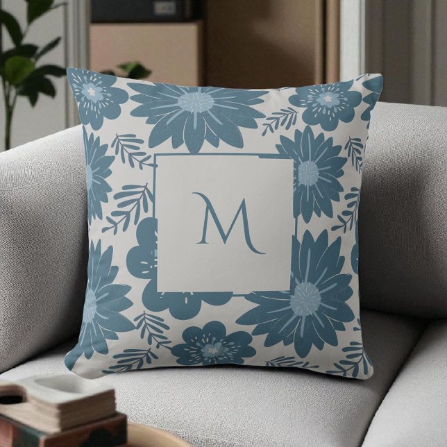 Blue Silver Watercolor Floral Script Throw Pillow (Creator Uploaded)