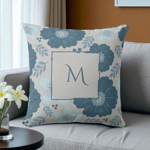 Blue Silver Watercolor Floral Script Throw Pillow