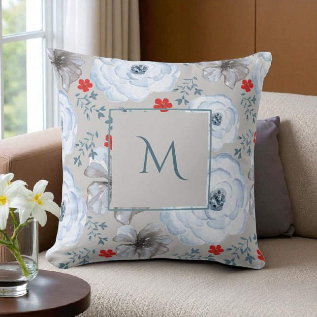 Blue Silver Watercolor Floral Script Throw Pillow (Creator Uploaded)