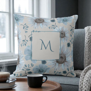 Blue Silver Watercolor Floral Script Throw Pillow
