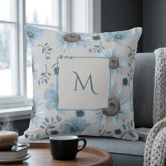 Blue Silver Watercolor Floral Script Throw Pillow (Creator Uploaded)