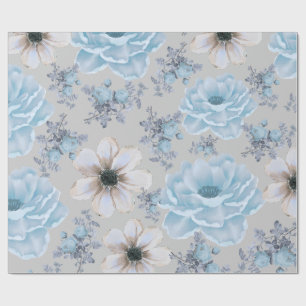 Blue Silver Watercolor Floral  Wrapping Paper