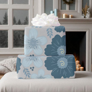 Blue Silver Watercolor Floral  Wrapping Paper