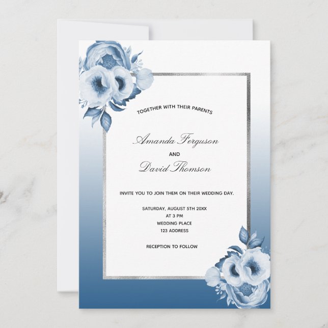 Blue silver watercolored florals wedding invitation (Front)