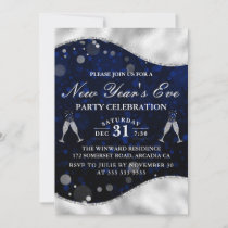 Blue & Silver Wave Border New Year's Eve Party Invitation