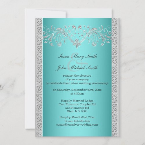 Blue silver wedding anniversary floral invitation