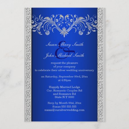 Blue Silver Wedding Anniversary Floral Invitation