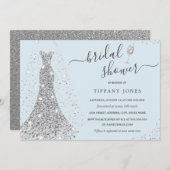 Blue Silver Wedding Dress Sparkle Bridal Shower  Invitation (Front/Back)