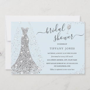 Blue Silver Wedding Dress Sparkle Bridal Shower Invitation