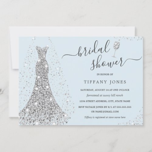 Blue Silver Wedding Dress Sparkle Bridal Shower  Invitation
