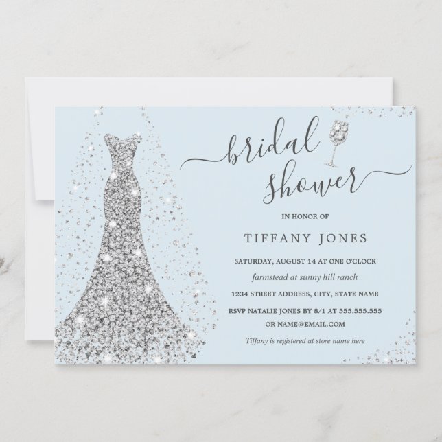 Blue Silver Wedding Dress Sparkle Bridal Shower  Invitation (Front)