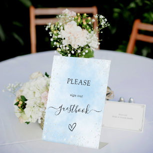 Blue silver wedding guest book pedestal sign