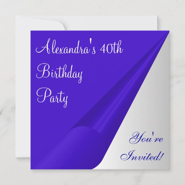Blue Silver White 40th Birthday Party Invitation (Front)