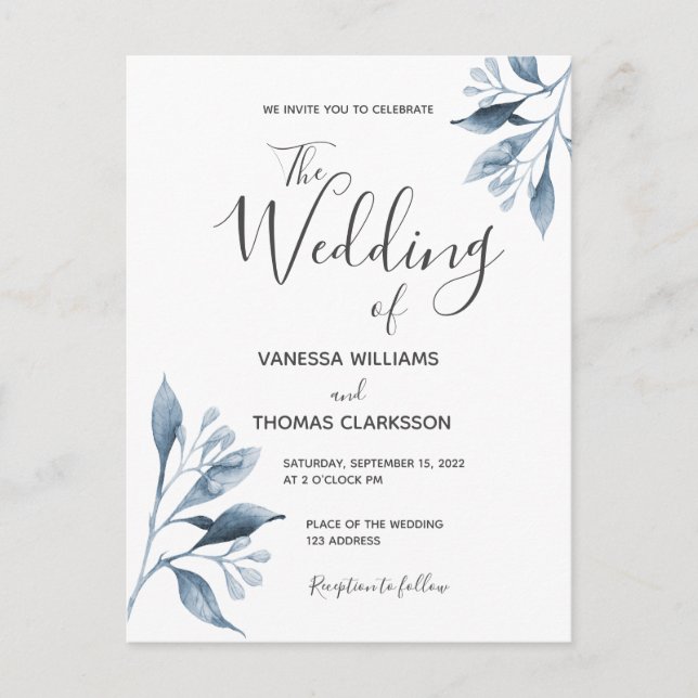 Blue silver white botanical wedding invitation postcard (Front)