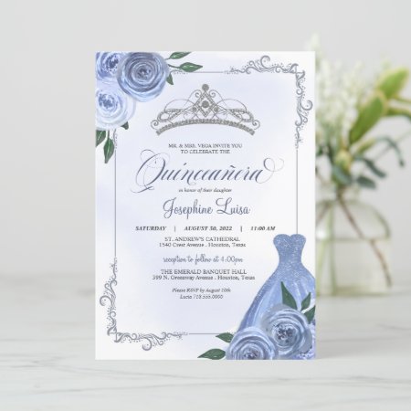 Blue Silver & White Floral Quinceañera Celebration Invitation