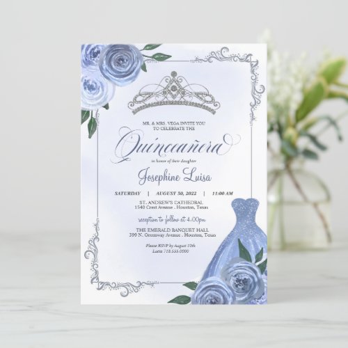 Blue Silver  White Floral Quinceaera Celebration Invitation