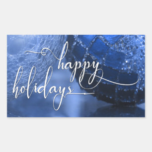Blue, Silver & White Happy Holidays Greeting Rectangular Sticker